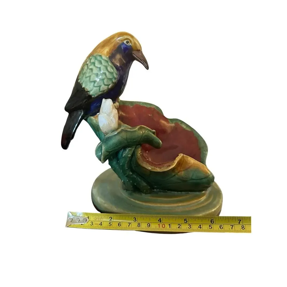 Antique Majolica Bird Perched On Water Lily By Or In Style Of Joseph Holdcroft